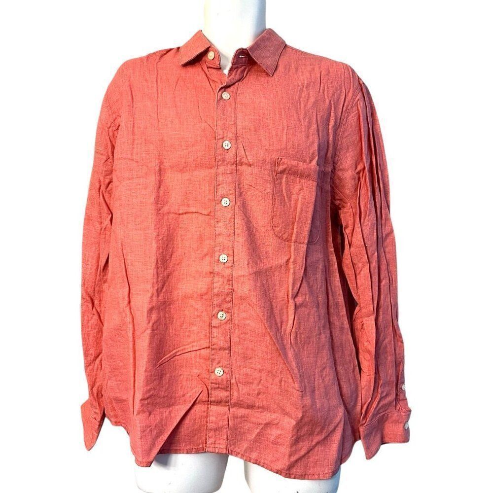 28 Palms Men's Large Salmon Pink Linen Button Front Long Sleeve Shirt
